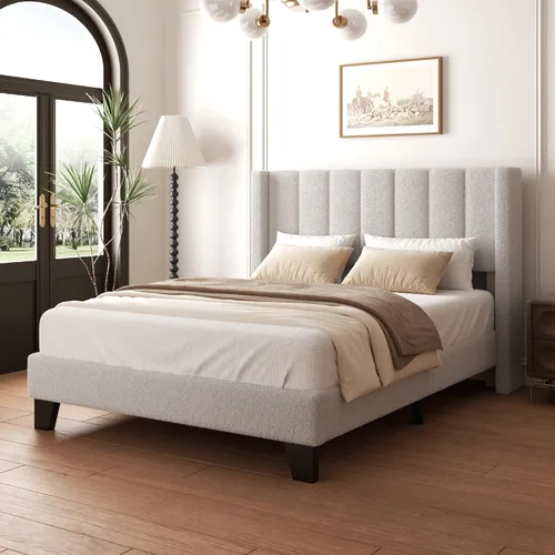 Miniatura 11 de Marco de Cama Queen con Cabecero Tapizado Marco de Cama de Plataforma con Cabecero de Terciopelo Teddy, Soporte de Listones de Madera/Diseño de Gris