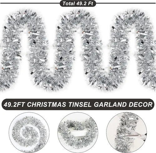 Miniatura 3 de Guirnalda de oropel plateado de 50 pies para decoraciones de árbol de Navidad, guirnalda metálica brillante con torsión colgante para Navidad