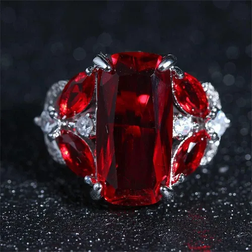 Miniatura 3 de Anillo de plata de ley 925 de lujo para mujer, rectángulo brillante, gema roja, anillo de princesa, ojo de caballo, anillo de rubí de ojo