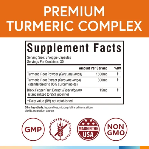 Miniatura 2 de Suplemento de curcumina de cúrcuma de 1800 mg, con pimienta negra de 15 mg para una máxima absorción, 95% curcuminoides, soporte de movilidad