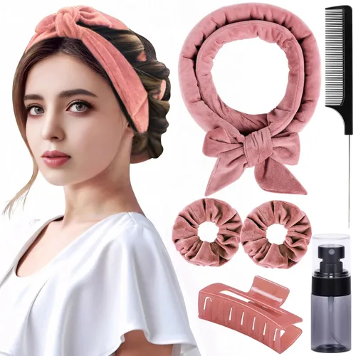 Miniatura 9 de Rizadores de pelo de terciopelo sin calor para dormir con diadema sin calor para cabello largo durante la noche sin rizos de calor para mujeres, Rosa