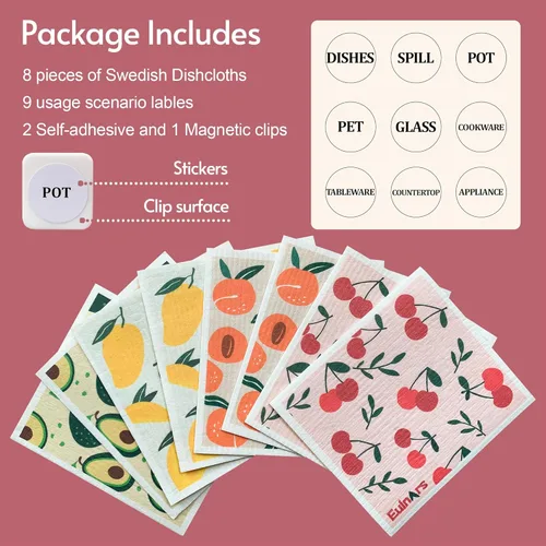 Miniatura 6 de Eulnars - Paños de cocina suecos, 8 unidades, toallas de papel reutilizables con clips, toallas de cocina suecas sin rayar, paños de esponja