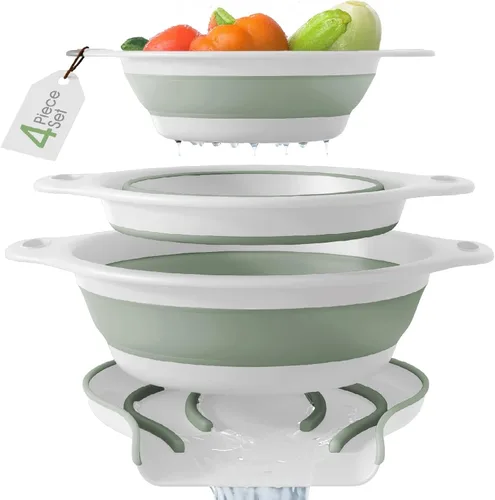 Miniatura 10 de Gevoli Coladores plegables (juego de 3) coladores de alimentos con base de drenaje de agua sobre el fregadero para pasta, frutas y verduras, Blanco