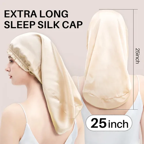 Miniatura 3 de Gorro largo 100% seda de morera para mujeres durmientes, gorro de seda de grado 6A con cabeza elástica, gorro de noche sedoso para trenzas de Beige
