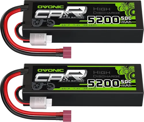 OVONIC 2s Lipo Battery - Batería Lipo de 5200 mAh 7.4 V con conector en T estilo Dean para automóviles, camiones, barcos, vehículos (2 paquetes)