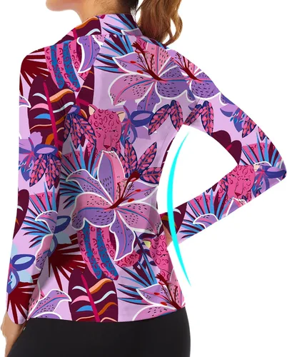 Miniatura 64 de WOWENY Camiseta deportiva de manga larga para mujer, con cremallera de un cuarto, cuello para entrenamiento, camiseta de tenis con estampado