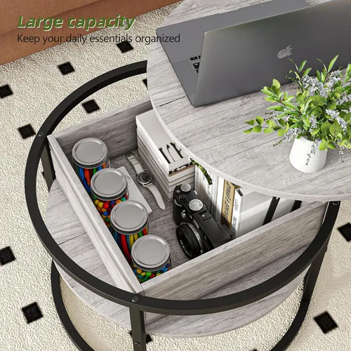 Miniatura 4 de Mesa de centro redonda con almacenamiento, mesa de centro elevable para sala de estar, sala de recepción, mesa redonda pequeña de 2 niveles, centro