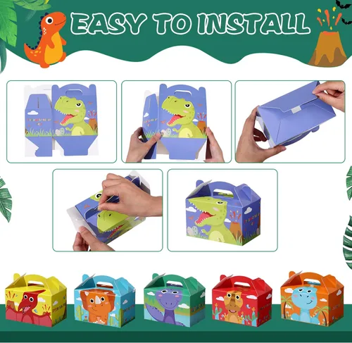 Miniatura 7 de TaoBary 24 cajas de recuerdo de fiesta de dinosaurios para niños y niñas, recipientes de regalo de golosinas de dinosaurio jurásico con asa