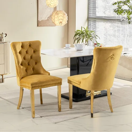 Miniatura 135 de SoarFlash Juego de 2 sillas de comedor de tela de lino, sillas de comedor tapizadas con ribete de cabeza de clavo y patas de madera de color claro