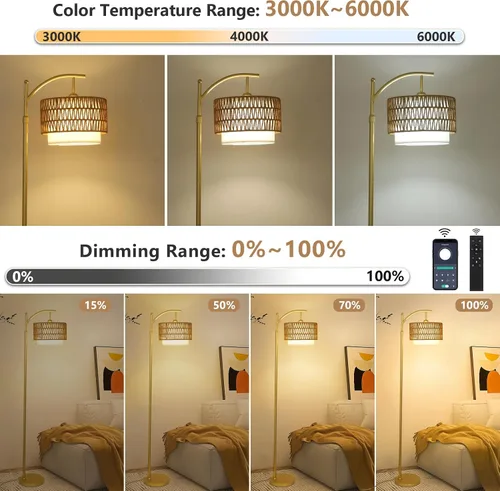 Miniatura 2 de Lámparas de pie doradas para sala de estar con control remoto y bombilla LED regulable, lámpara de pie de arco moderna con 3 temperaturas