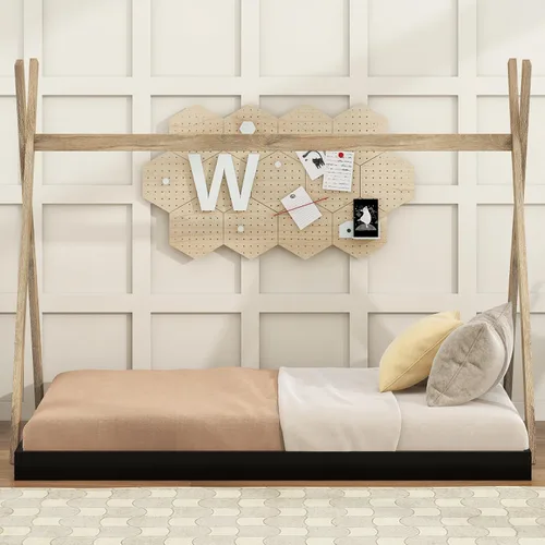 Miniatura 3 de Cama de madera con dosel de casa de tamaño individual con valla triangular, base de cama individual para dormitorio, niños, niñas, adolescentes