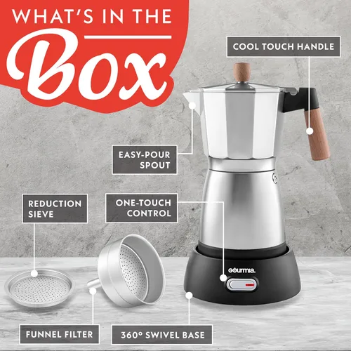 Miniatura 8 de Gourmia Cafetera eléctrica Moka Pot Espresso – Cafetera de estilo italiano de 6 disparos, base inalámbrica desmontable de 360 ° de 550 W, aluminio
