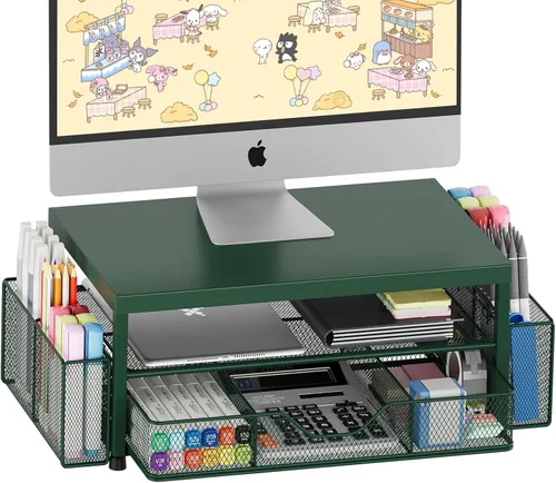 Miniatura 19 de OPNICE Soporte elevador de monitor doble con cajón y 2 soportes para bolígrafos, organizador de escritorio para suministros de oficina, soporte