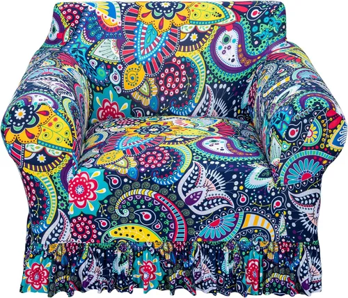 Miniatura 10 de FUANGUI Funda para Sofá de 1 Pieza, Funda Elástica para Sofá Estampada para Sofá de 3 Cojines con Falda Apta para Mascotas, Fundas de Sofá Lavables