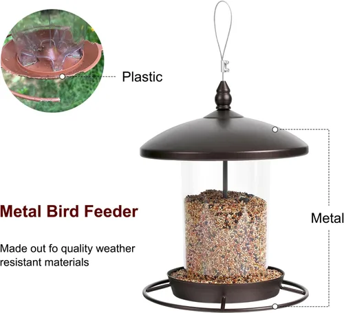 Miniatura 9 de Comedero para pájaros de metal para exteriores colgante, comedero de semillas de 3.0 LB, fácil de llenar y limpiar, alimentación de 360°, techo