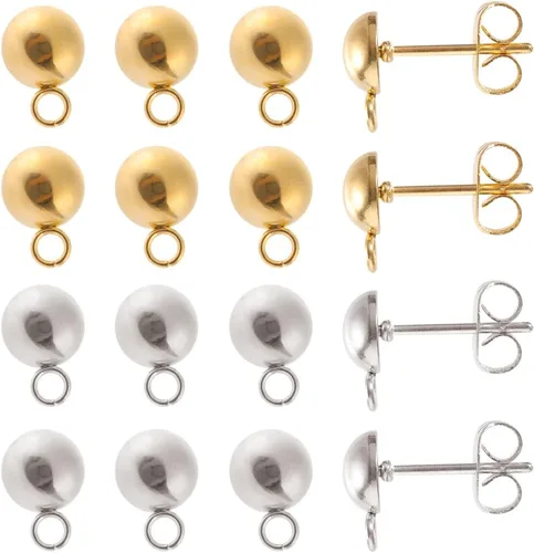 Miniatura 11 de SUNNYCLUE 1 caja, 80 unidades, 20 pares de aretes de bola, aretes de acero inoxidable 304 con lazo de 0.157 pulgadas para hacer joyas, accesorios