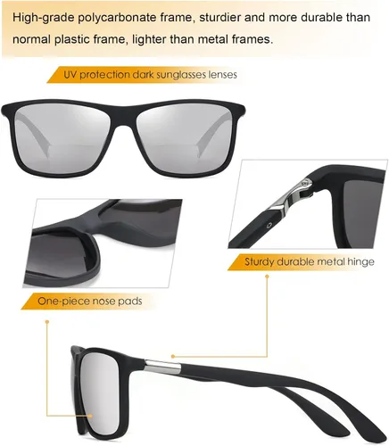 Miniatura 6 de Missfive Lentes de sol bifocales de lectura para hombre, con protección UV para lectores de sol en exteriores, lejanos y cercanos, anteojos clásicos