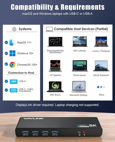 Miniatura 6 de WAVLINK Estación de acoplamiento universal Pro Dual 4K a 60Hz Base USB 3.0/USB-C para laptop Mac (M1-M5, Neo) y Windows 2 HDMI/DP, Gigabit