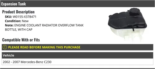 Marketplace Auto Parts - Tanque de expansión del refrigerante del motor - con tapa - Compatible con Mercedes-Benz C230 2002-2007