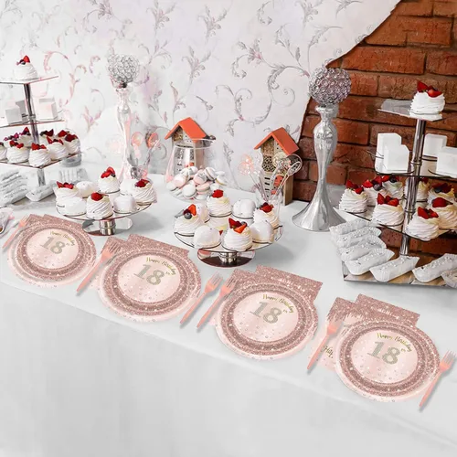 Miniatura 7 de 24 juegos de decoración de fiesta de cumpleaños de oro rosa para niñas de 18 años, platos y servilletas para cumpleaños, suministros de fiesta