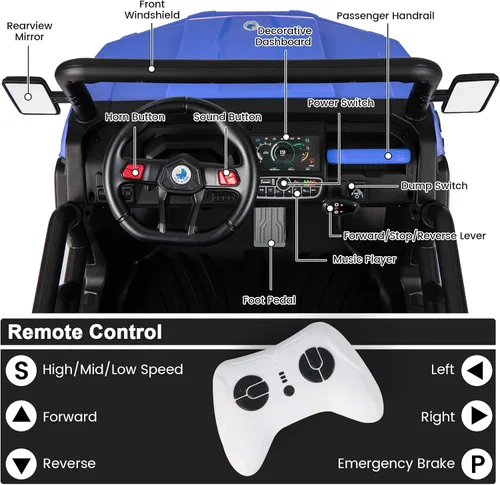 Miniatura 4 de Costzon Camión volquete con control remoto, UTV eléctrico de 12 V para niños con cama volquete eléctrica, función de balanceo, pala, 4 suspensiones