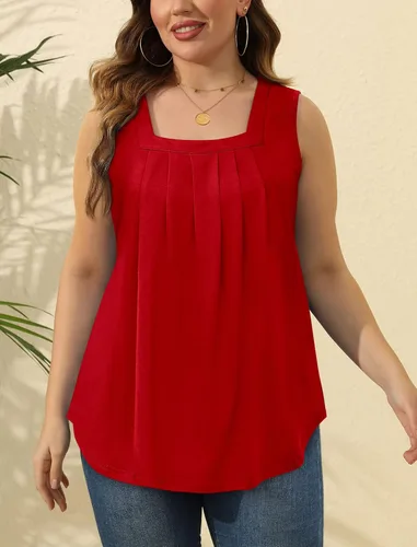 Miniatura 115 de Saloogoe - Camisetas sin mangas veraniegas para mujeres, plisadas con cuello cuadrado y dobladillo curvado, blusas de ajuste holgado con movimiento