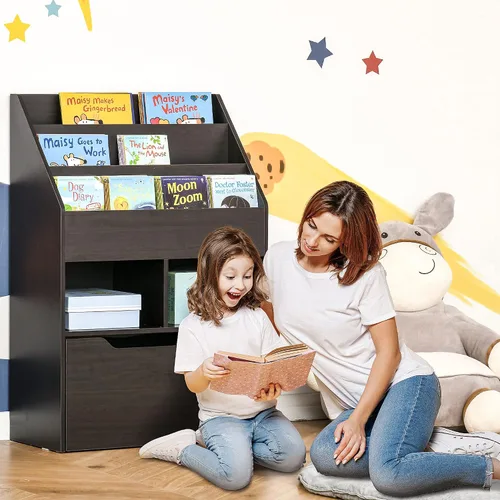Miniatura 2 de HOMCOM Estantería infantil con cajón de almacenamiento para libros, sala de juegos, color marrón