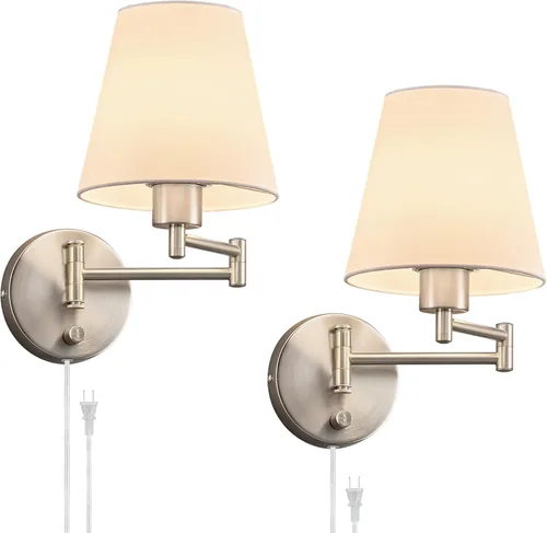 Miniatura 11 de VONLUCE Lámpara de pared con brazo oscilante ajustable moderna de níquel cepillado, iluminación de aplique de pared enchufable para mesita de noche
