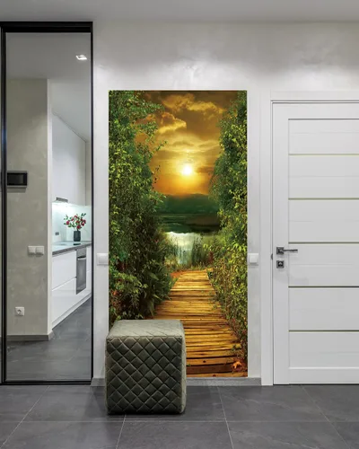 Miniatura 3 de Adhesivo de puerta FLFK - Sendero junto al lago, mural de pelar y pegar, tamaño combinado 36"x80", dividido en 2 piezas Mt649