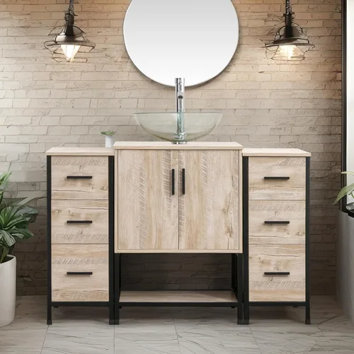 Miniatura 57 de UEV Juego de tocador de baño rústico marrón de 36 pulgadas con fregadero, marco de hierro industrial con 3 cajones laterales, fregadero de cerámica