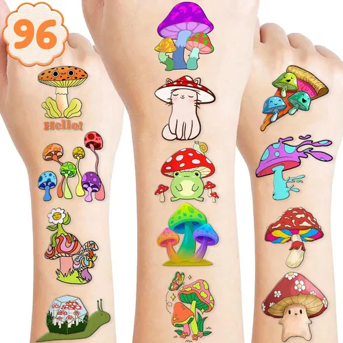96 tatuajes temporales para niños, bonitos diseños de hongos, vegetales y plantas de bosque trippy, calcomanías falsas impermeables para niños,