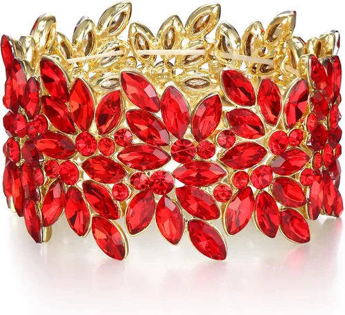 EVER FAITH Pulsera elástica de boda Art Deco vintage redonda en forma de marquesa, joyería de muñeca de cristal para fiesta de graduación