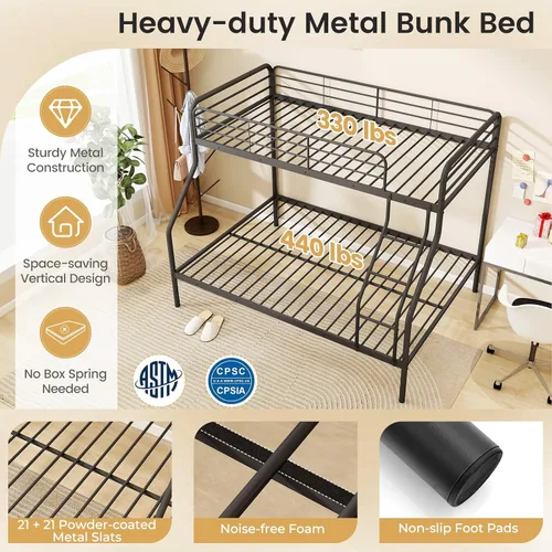 Miniatura 5 de Giantex Literas de metal tamaño individual sobre matrimonial, litera resistente para adolescentes y adultos con escalera y barandillas, litera