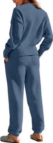 Miniatura 5 de Yanekop Conjunto de dos piezas para mujer con cuello en V y botones y suéter de punto acogedor