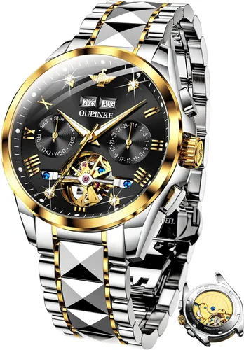 Miniatura 13 de OUPINKE - Reloj automático para hombre, diseño de esqueleto de diamante mecánico de cuerda automática, lujo, reloj de pulsera de cristal de zafiro