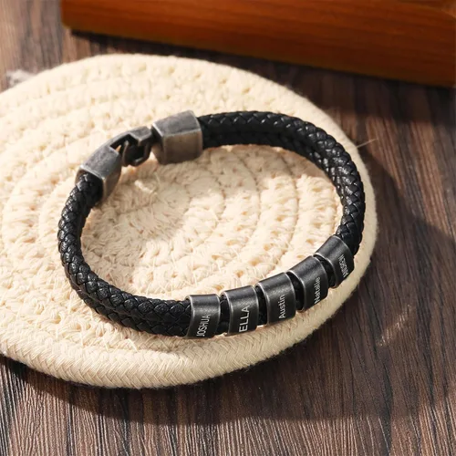 Miniatura 7 de Pulsera personalizada con nombre para hombre, pulsera de cuero personalizada para hombre con 2-5 cuentas vintage grabadas con nombres de familia