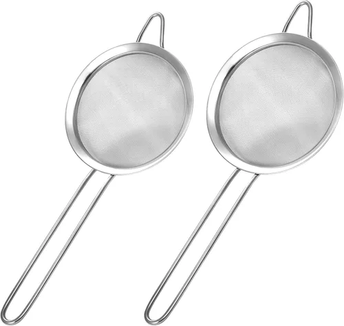 Paquete de 2 coladores de malla fina, pequeños tamices de acero inoxidable con asas, para remojar té de hojas sueltas, colar cóctel, jugo y tamizar