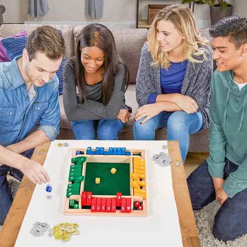 Miniatura 7 de Juego de dados Shut The Box para 1 a 4 jugadores, 10 números de madera tradicional, tablero de bar de pub familiar, juego de dados para adultos