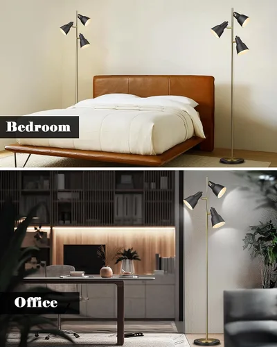 Miniatura 5 de ELYONA Lámpara de pie con árbol dorado con 3 luces giratorias ajustables, luces de pie industriales de poste alto de metal con 3 bombillas LED