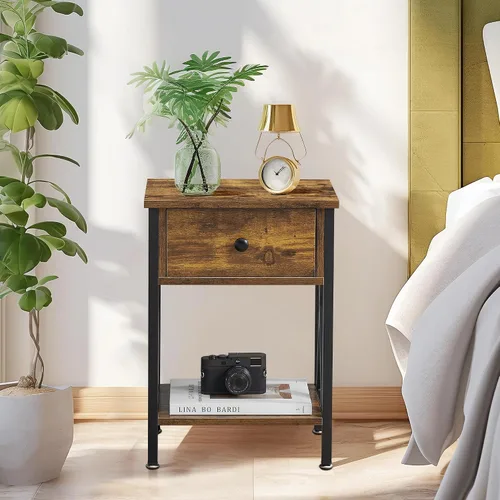 Miniatura 4 de VECELO - Mesita de noche moderna, mesa auxiliar de cabecera con cajón y estante de almacenamiento para sala de estar y dormitorio, marco de metal