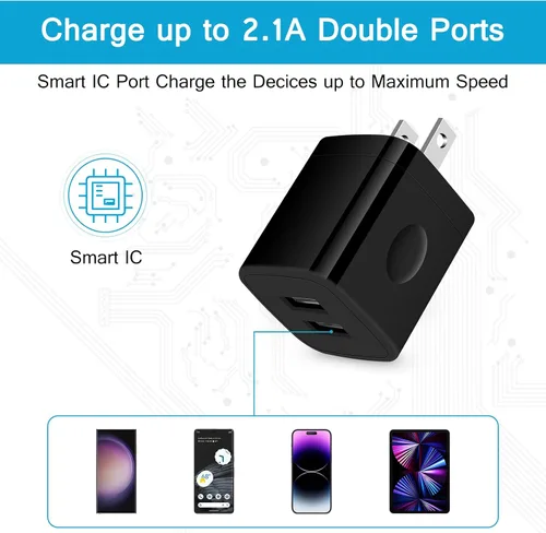 Miniatura 3 de Bloque de cargador de pared, 2.1A/5V de doble puerto USB, enchufe de pared para teléfono, adaptador USB de viaje, paquete de 3 cubos de cargador
