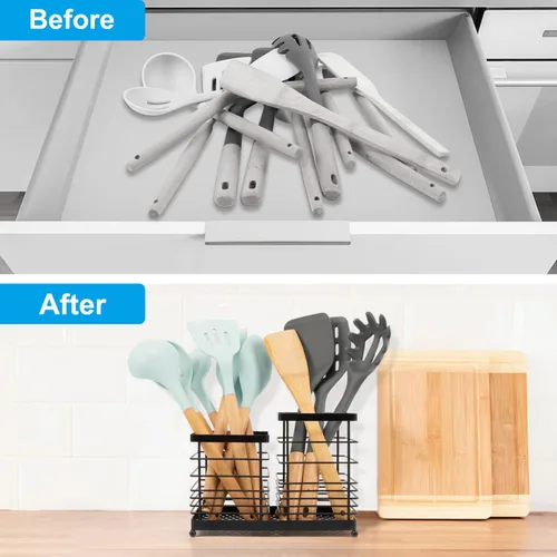 Miniatura 4 de RedCall Soporte para utensilios para encimera, soporte de cocina de acero inoxidable, soporte para espátula de cuchara 2 en 1 para encimera