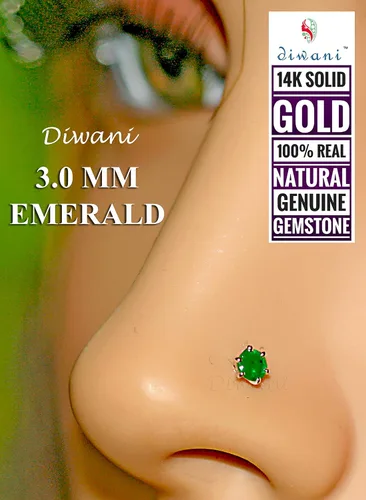 Miniatura 2 de Diwani Anillo de oro de 14 quilates de 0.118in con piedras preciosas de esmeralda natural de compromiso para boda, nariz, labio, labio, monroe