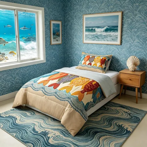 Miniatura 56 de Manfei Go Fishing Juego de edredón tamaño King para niños, juego de ropa de cama con diseño geométrico de peces de bass y rombos, decoración