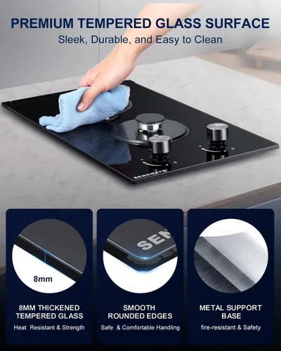 Miniatura 6 de Placa de cocina de gas de 12 pulgadas, estufa de gas de 2 quemadores, instalación integrada o de encimera, vidrio templado negro, convertible a