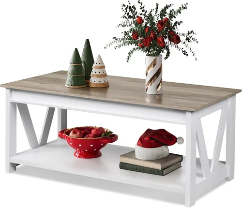 Miniatura 15 de WLIVE Mesa de Centro, Mesa de Centro Estilo Granja de 43" con Estante de Almacenamiento y Soporte Resistente en Forma de V, Mesa Central de Madera