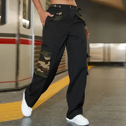 Miniatura 4 de Camouflage Pocket Y2k Cargo Pants for Woman,Slim Solid Pants Buttons Waist Straight Pants Plus Size Womans Sweatpants