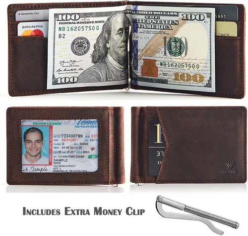 Miniatura 10 de YBONNE - Cartera fina con clip para dinero, de cuero auténtico, bloqueo RFID, minimalista