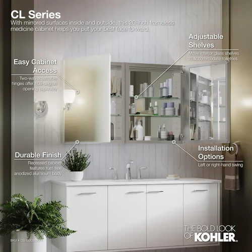 Miniatura 4 de Kohler CB-CLC2026FS - Espejo Botiquín de Baño sin Marco, Puerta Individual, Marco Rectangular de Borde Biselado, Espejo de Gabinete de Baño