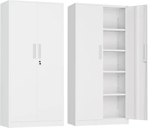 Miniatura 12 de Armario de almacenamiento de metal de 72 pulgadas, archivadores con cerradura con 2 puertas y 4 estantes ajustables, gabinetes de herramientas